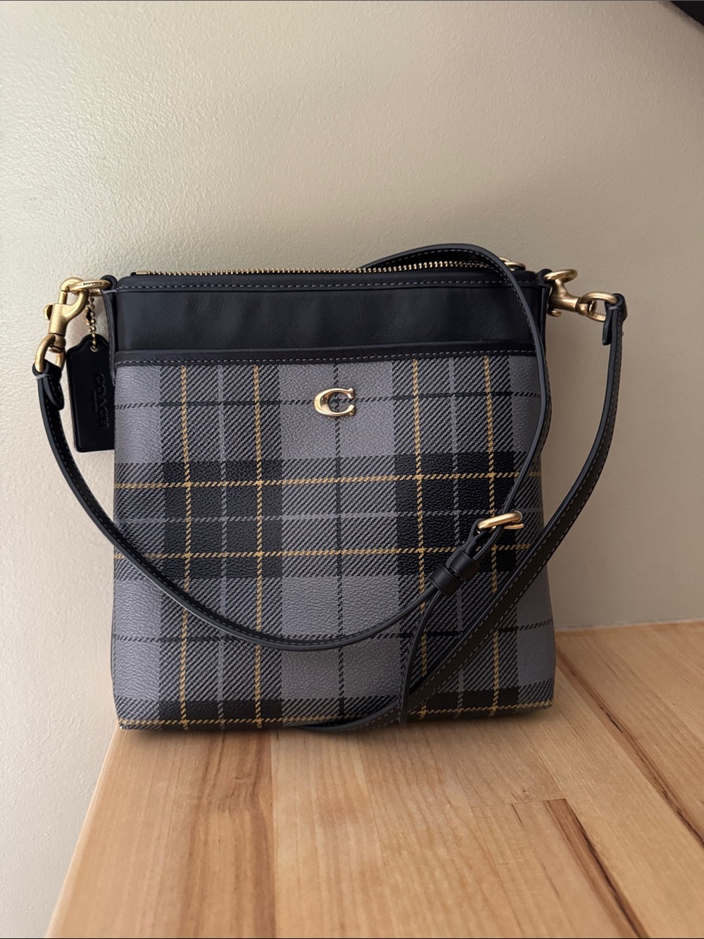 Coach Gray Plaid Crossbody with Black Trim and Gold Hardware